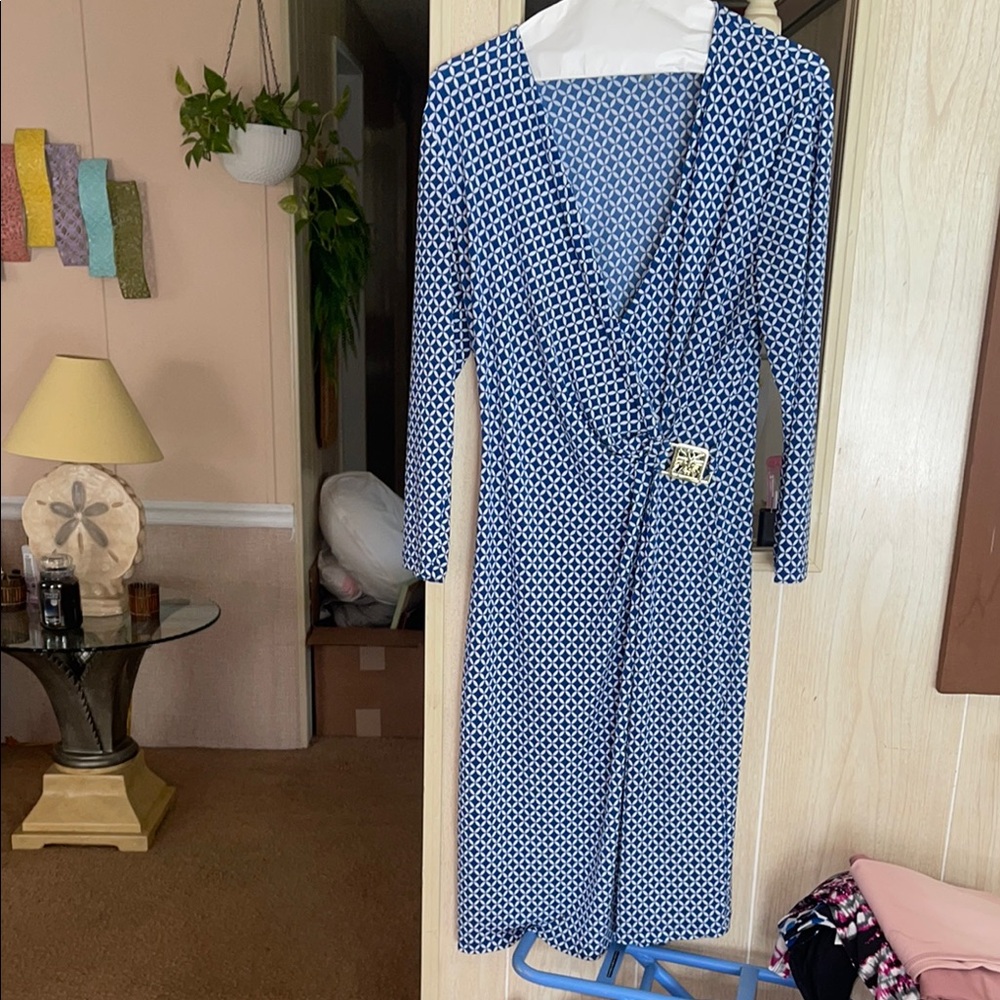 Anne Klein Blue and White Sheath Dress with Plunge Neckline